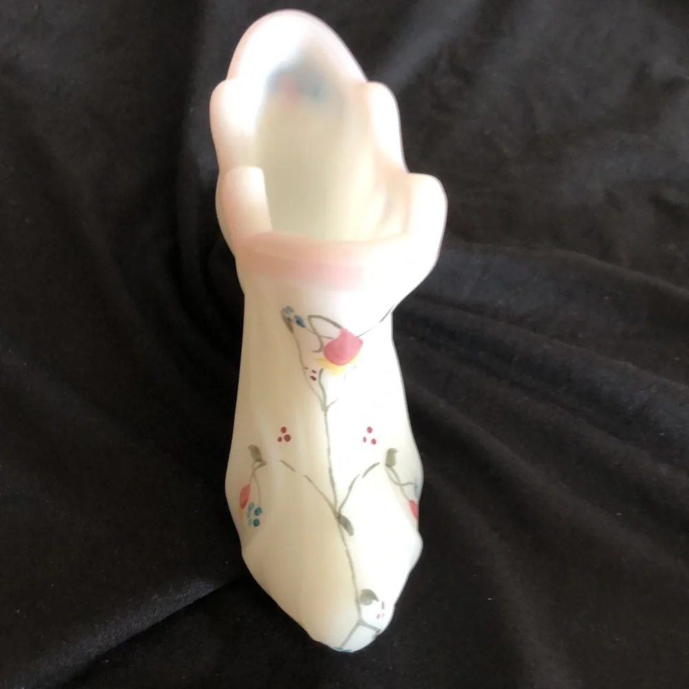 Fenton White Satin w/ pink . Hand Painted Shoe, Boot , Slipper with Flowers . - Picture 2 of 6